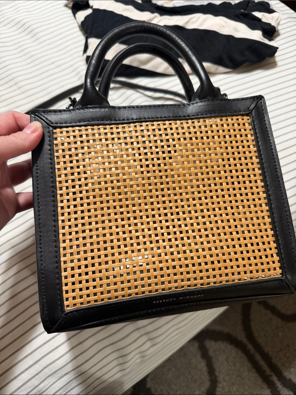 Rebecca Minkoff Megan Mini Tote Black & Natural Woven Mini Tote Bag